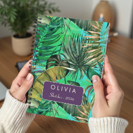 Cuaderno Elegante patrón de hoja tropical verde amarillo az