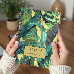 Cuaderno Elegante patrón de hojas tropicales verdes y amari
