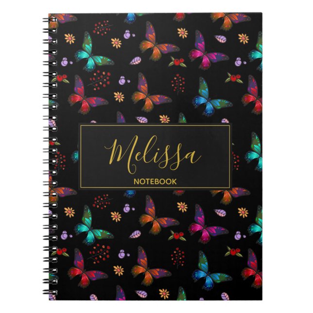 Cuaderno Elegante patrón de mariposas coloridas sobre negro (Frente)