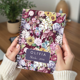 Cuaderno Elegante patrón de monograma floral rojo amarillo