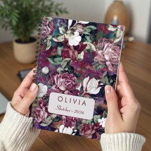 Cuaderno Elegante patrón de monograma floral rosa