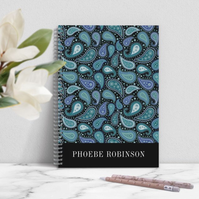 Cuaderno Elegante patrón de paisley azul retro (Elegant Retro Blue Paisley Pattern Notebook)