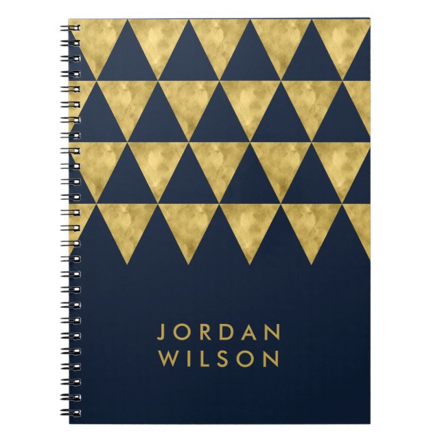 Cuaderno Elegante Patrón de Triángulo de Oro de Faux Azules (Frente)