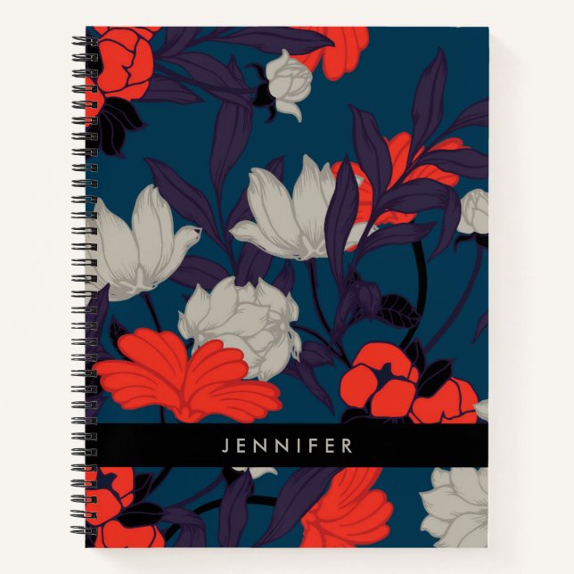 Cuaderno Elegante patrón floral azul y rojo (Anverso)