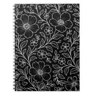 Cuaderno Elegante patrón floral blanco negro