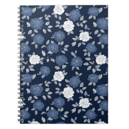Cuaderno Elegante patrón floral blanco rosa azul marino