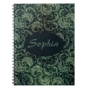 Cuaderno Elegante patrón floral de damasco verde vintage