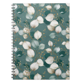 Cuaderno Elegante patrón floral de hoja esmeralda blanca