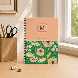 Cuaderno Elegante Patrón Floral de Monograma Nombre Persona
