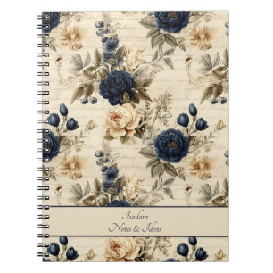 Cuaderno Elegante patrón floral de Rosas de crema azul
