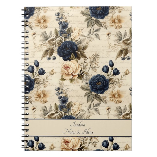 Cuaderno Elegante patrón floral de Rosas de crema azul (Frente)