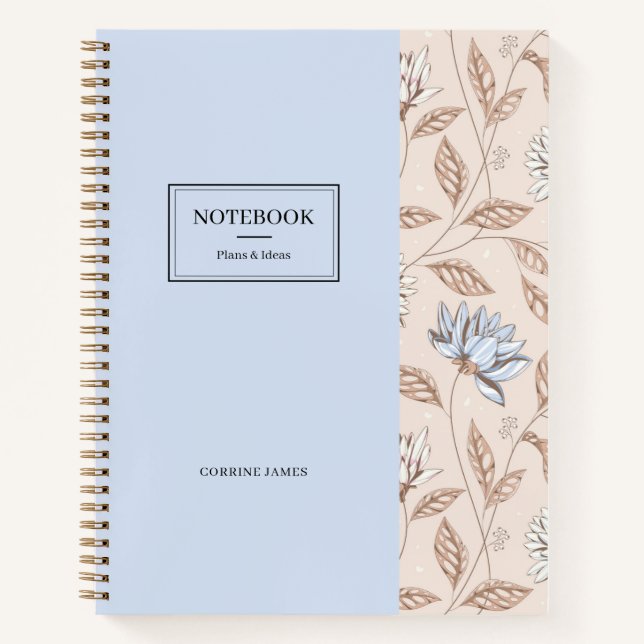 Cuaderno Elegante patrón floral en azul polvoriento y rosa  (Anverso)