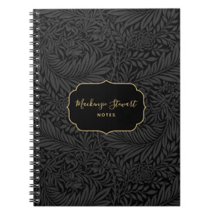 Cuaderno Elegante patrón floral negro con nombre personaliz