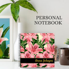 Cuaderno Elegante patrón floral rojo con nombre personaliza
