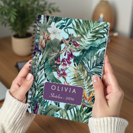 Cuaderno Elegante patrón floral tropical de hojas verdes ac