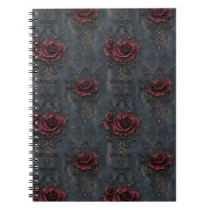 Cuaderno Elegante patrón gótico vintage con rosas rojas