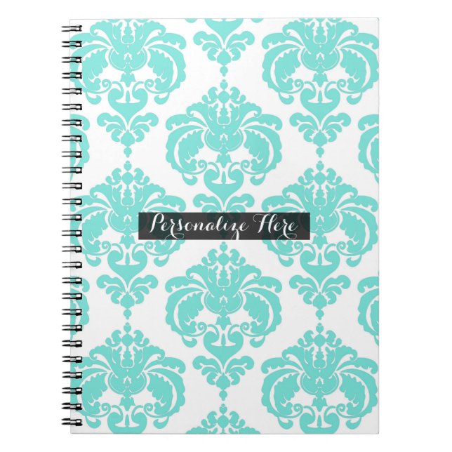 Cuaderno Elegante patrón moderno chic de damasco azul verdo (Frente)