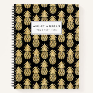 Cuaderno Elegante patrón tropical negro y piña dorada