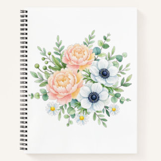 Cuaderno Elegante peonía en acuarela y floral de anemona bl