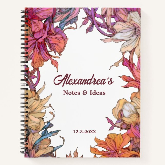 Cuaderno Elegante Personalizado de flores de acuarela de ja (Anverso)