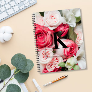 Cuaderno Elegante Personalizado Letra inicial K Rosas Monog