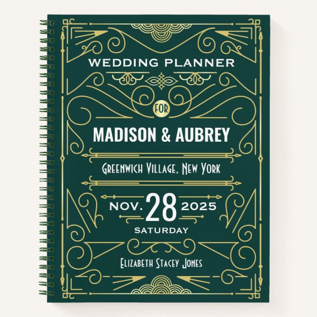 Cuaderno Elegante planificador de bodas Art Deco Gold Green (Anverso)