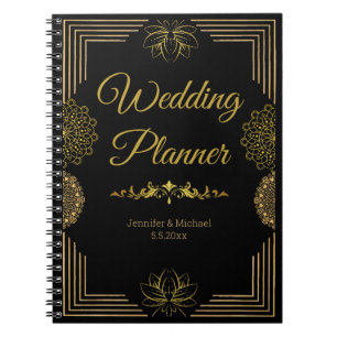 Cuaderno elegante planificador de bodas negro dorado indio