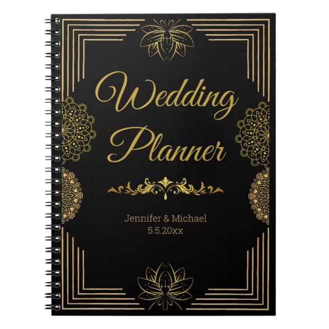 Cuaderno elegante planificador de bodas negro dorado indio (Frente)