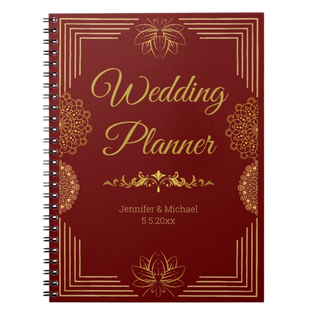 Cuaderno elegante planificador de bodas oro rojo indio (Frente)