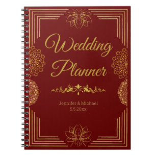 Cuaderno elegante planificador de bodas oro rojo indio