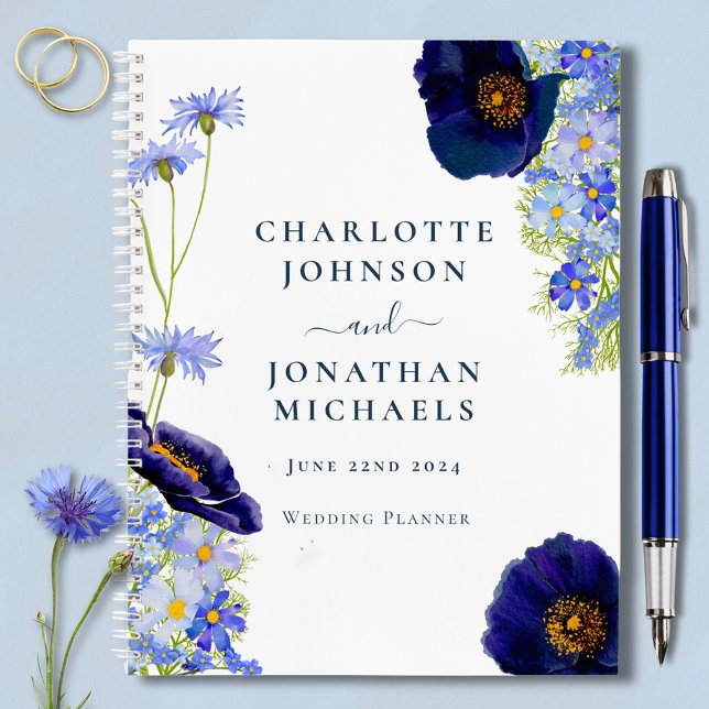 Cuaderno Elegante planificador de la boda azul de flores si (Elegant wildflower watercolor blue wedding organizer notebook bride & groom names stylish typography)