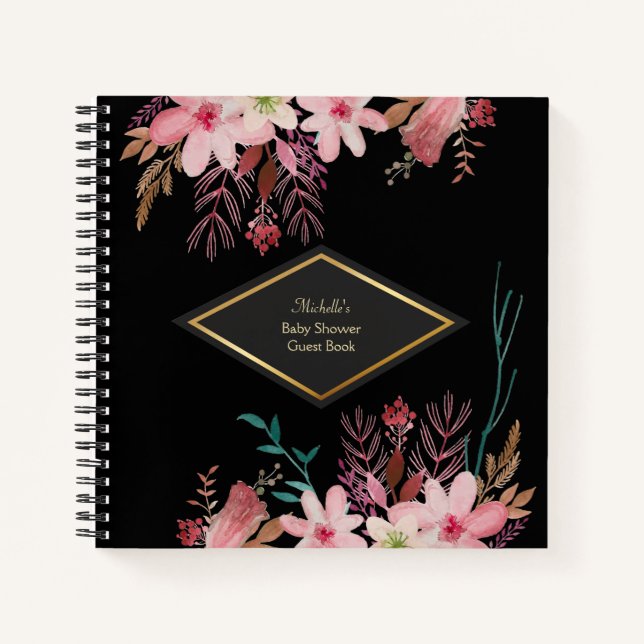 Cuaderno Elegante portátil Baby Shower con flores (Anverso)