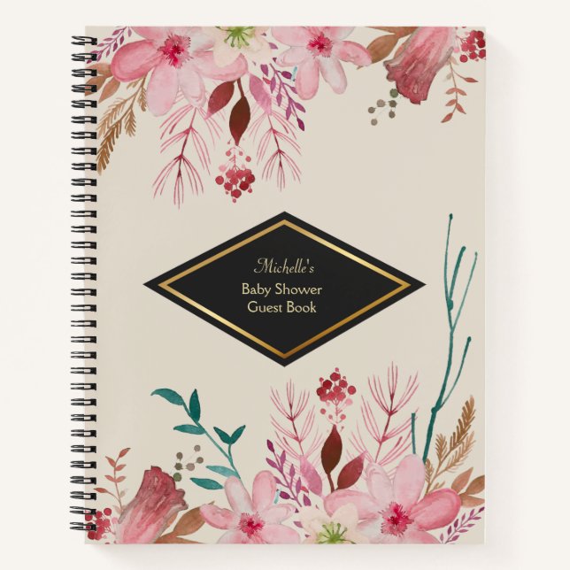 Cuaderno Elegante portátil Baby Shower con flores (Anverso)