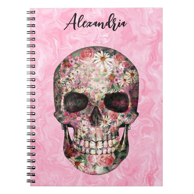 Cuaderno Elegante portátil de cráneo floral de boho rosado (Frente)