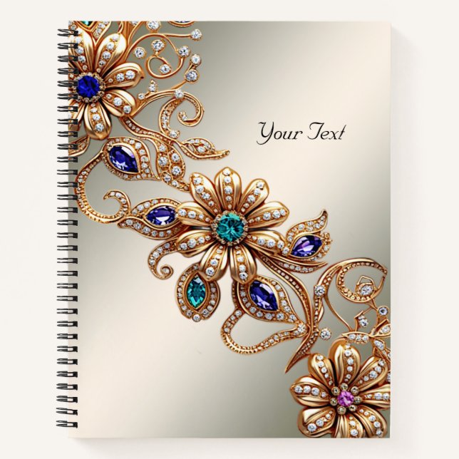 Cuaderno Elegante portátil de flores de joyas de oro (Anverso)