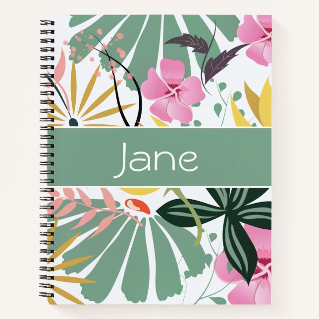 Cuaderno Elegante portátil floral verde rosa personalizado (Anverso)
