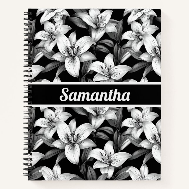 Cuaderno Elegante portátil personalizado con florido negro (Anverso)