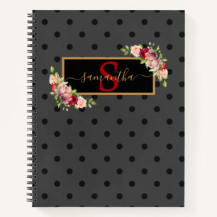 Cuaderno Elegante Punto y Rosas de Polka Negro personalizad