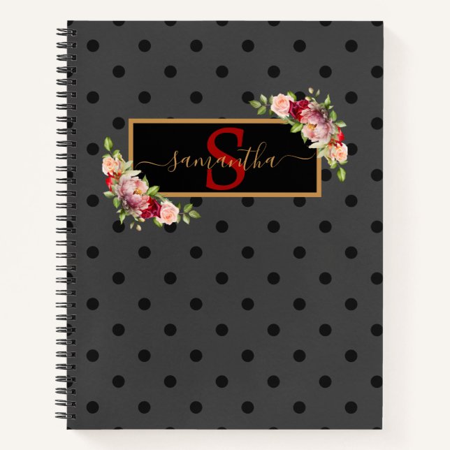 Cuaderno Elegante Punto y Rosas de Polka Negro personalizad (Anverso)