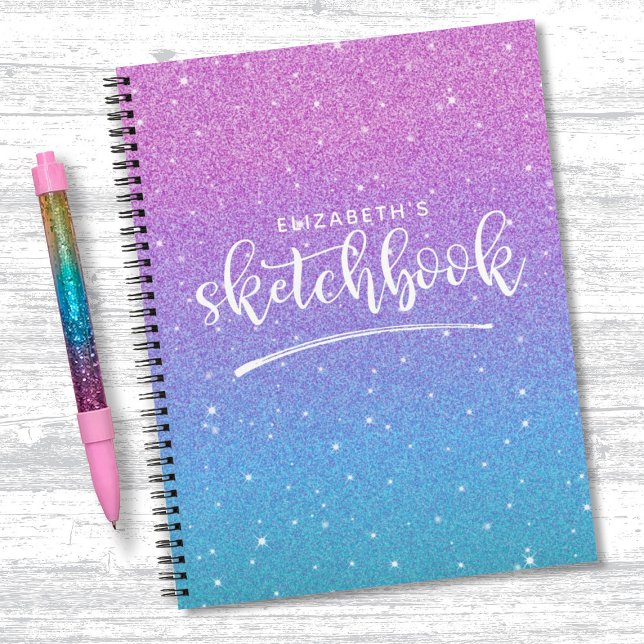 Cuaderno Elegante Purpurina azul púrpura Ombre Sketchbook (A cute pupuple and blue glitter sketchbook. Personalize it with your name.)