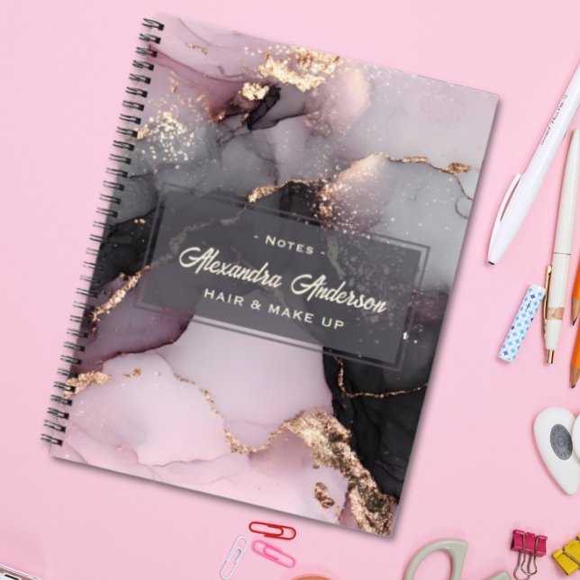 Cuaderno Elegante Purpurina de oro negro rosado Agate Marbl (Stylish Pink Black Gold Glitter Agate Marble Notebook)