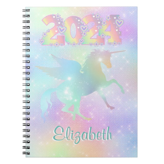 Cuaderno Elegante Purpurina de unicornio arcoiris rosa 2024 (Frente)