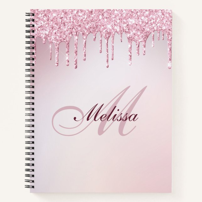Cuaderno elegante purpurina drip trendy girly monograma (Anverso)