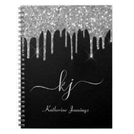 Cuaderno Elegante Purpurina Gris Plateado Guión Monograma