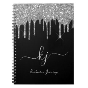 Cuaderno Elegante Purpurina Gris Plateado Guión Monograma