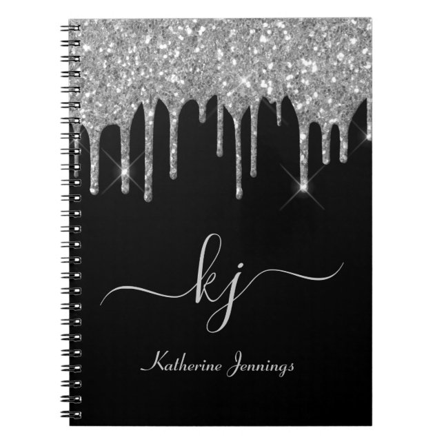 Cuaderno Elegante Purpurina Gris Plateado Guión Monograma (Frente)