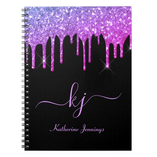 Cuaderno Elegante Purpurina negro morado gotea guión monogr (Frente)