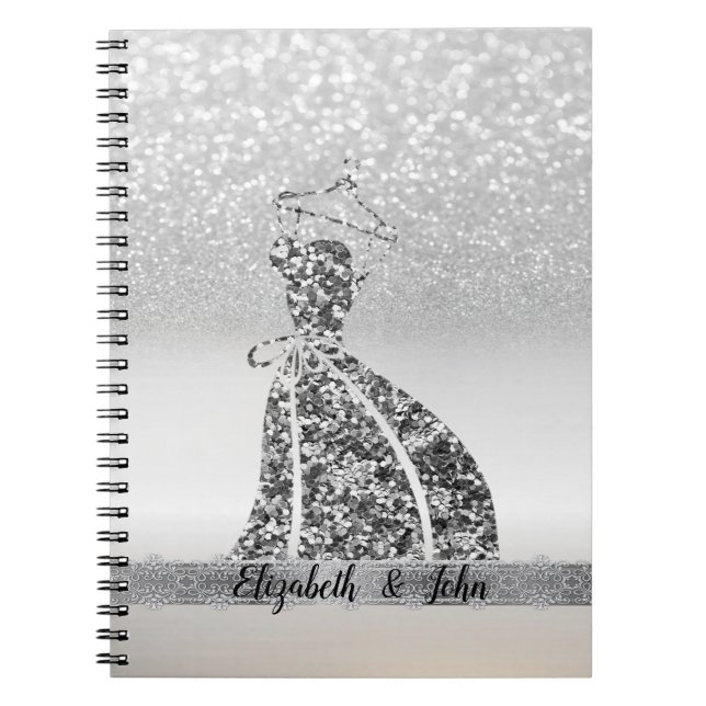 Cuaderno Elegante Purpurina Plata Bokeh, Vestido (Frente)