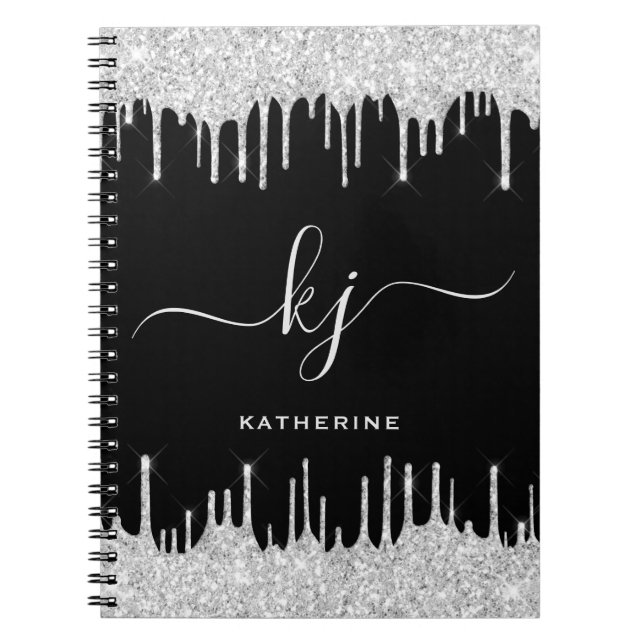 Cuaderno Elegante Purpurina plateado goteo 2 guión monogram (Frente)
