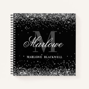 Cuaderno Elegante Purpurina plateado monograma blanco negro